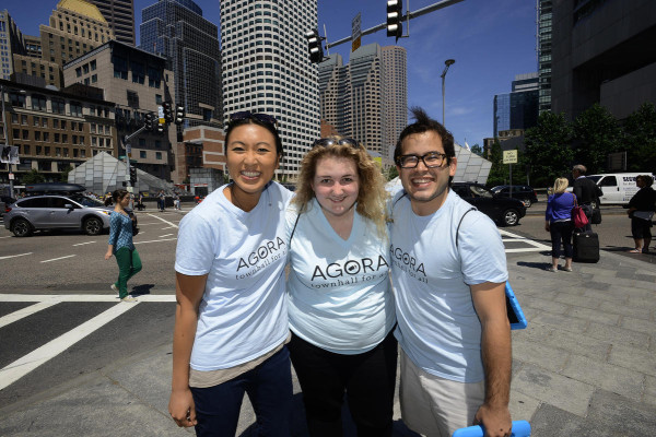 (Boston, MA, 08/07/15). Elsa Sze CEO of Agora (left) with Kathryn Bussey and Eduardo Cabral (right) near South Station. Friday, August 07, 2015. Staff photo by Ted Fitzgerald