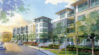 (courtesy Prometheus Real Estate Group/2013)  This rendering show some of the development being proposed for the downtown Sunnyvale area, including a 158-unit and 67-unit apartment building.
