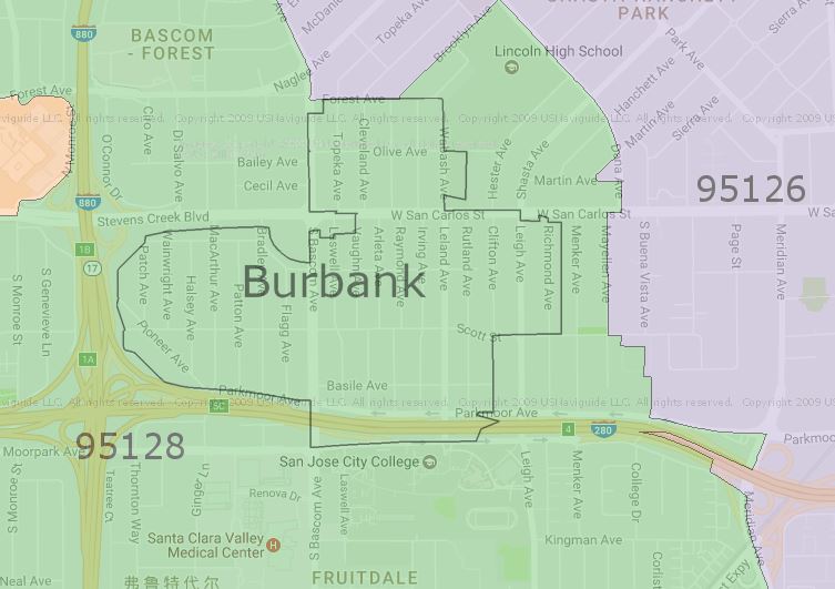 Zipmap for Burbank; San Jose; Santa Clara County