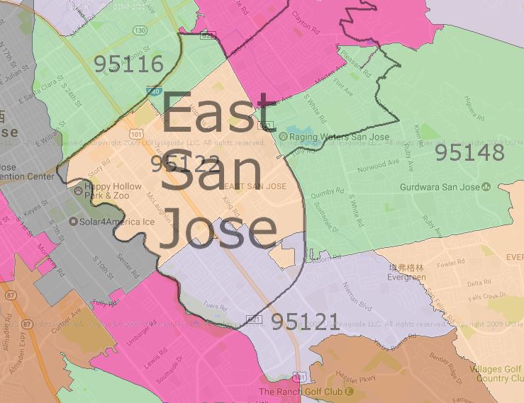 Zipmap for East San Jose; San Jose; Santa Clara County
