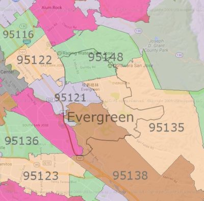 Zipmap for Evergreen; San Jose; Santa Clara County
