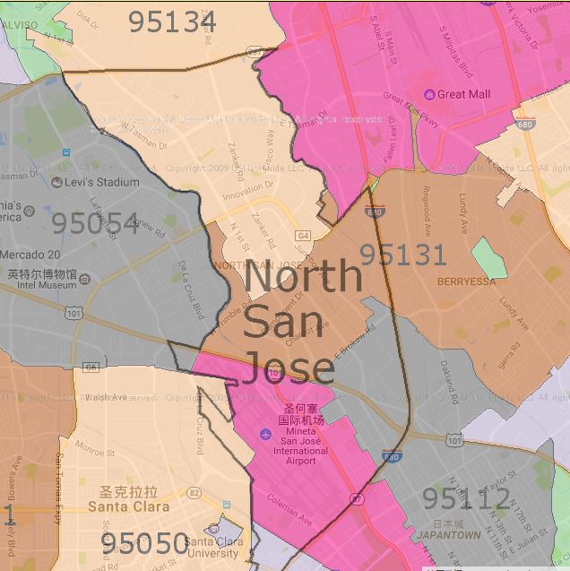 Zipmap for North San Jose; San Jose; Santa Clara County