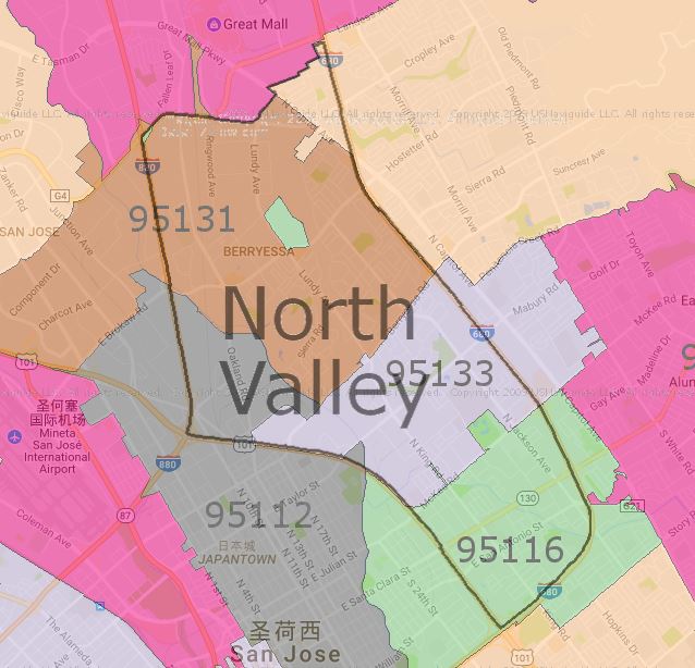 Zipmap for North Valley; San Jose; Santa Clara County