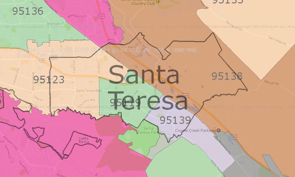Zipmap for Santa Teresa; San Jose; Santa Clara County