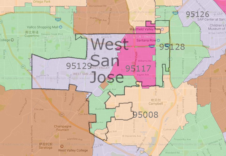 Zipmap for West San Jose; San Jose; Santa Clara County