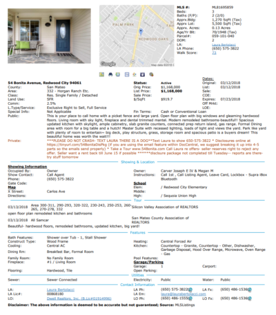 Active Listings in Redwood City – Single Family – 7/8